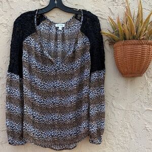 Olsenboye Leopard Print Lace-Shoulder Blouse in Brown